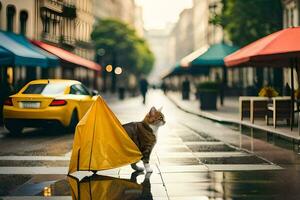 uma gato caminhando dentro a chuva com a guarda-chuva. gerado por IA foto