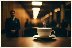 uma café copo em uma mesa com uma homem dentro uma terno atrás isto. gerado por IA foto