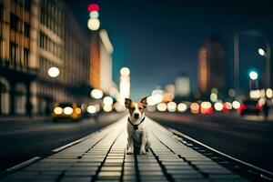 uma cachorro em pé em uma rua às noite. gerado por IA foto