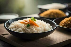 uma tigela do arroz com cenouras e de outros ingredientes. gerado por IA foto