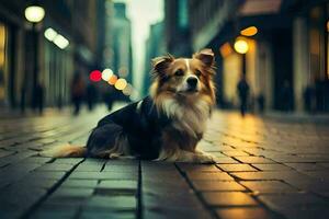 uma cachorro sentado em a rua dentro a cidade. gerado por IA foto