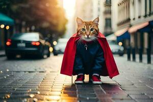 uma gato vestindo uma vermelho capa em a rua. gerado por IA foto