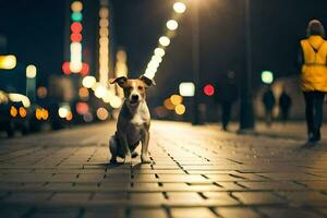 uma cachorro sentado em a calçada às noite. gerado por IA foto