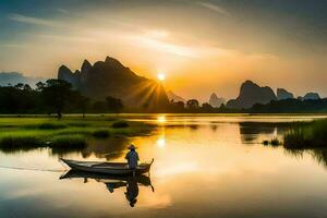 uma homem dentro uma barco em uma rio às pôr do sol. gerado por IA foto