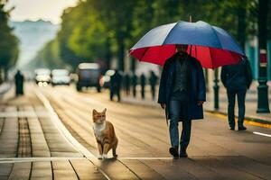 uma homem caminhando com uma cachorro debaixo a guarda-chuva. gerado por IA foto