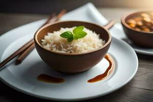 uma tigela do arroz com pauzinhos e uma colher. gerado por IA foto