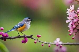 uma azul e branco pássaro senta em uma ramo com Rosa flores gerado por IA foto