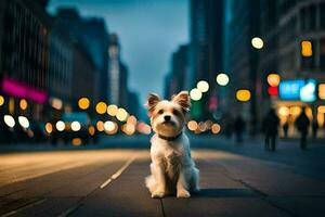 uma pequeno cachorro sentado em a rua às noite. gerado por IA foto