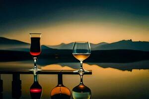 dois vinho óculos em uma de madeira mesa com uma lago dentro a fundo. gerado por IA foto