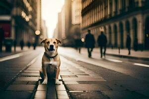 uma cachorro sentado em a rua dentro uma cidade. gerado por IA foto