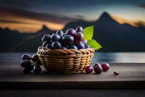 uvas dentro uma cesta em uma de madeira mesa. gerado por IA foto