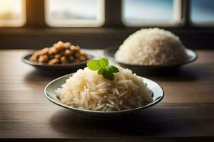 três taças do arroz sentar em uma mesa. gerado por IA foto