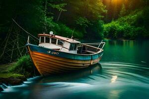 uma barco senta em a água dentro a floresta. gerado por IA foto