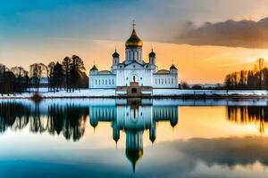 a kremlin às pôr do sol com a reflexão do a Igreja dentro a água. gerado por IA foto