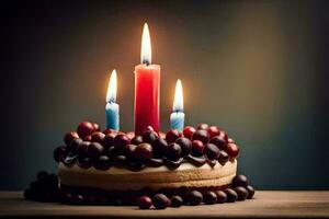 aniversário bolo com velas em uma Sombrio fundo. gerado por IA foto