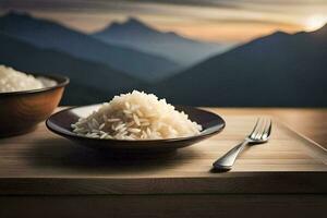 uma tigela do arroz e uma garfo em uma de madeira mesa. gerado por IA foto