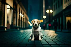 uma cachorro sentado em a rua às noite. gerado por IA foto