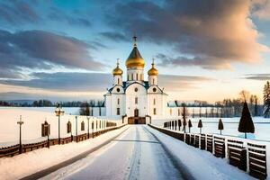 a russo ortodoxo catedral dentro a neve. gerado por IA foto