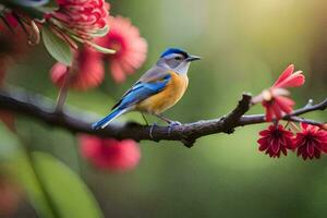 uma azul e amarelo pássaro senta em uma ramo com vermelho flores gerado por IA foto