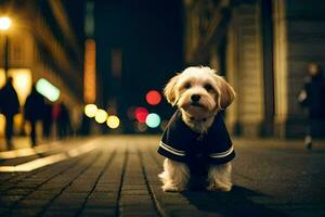 uma cachorro vestindo uma Jaqueta em a rua às noite. gerado por IA foto