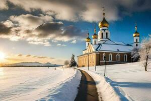 uma Igreja dentro a neve com uma estrada conduzindo para isto. gerado por IA foto