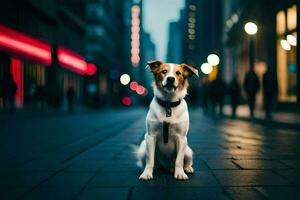 uma cachorro sentado em a rua às noite. gerado por IA foto