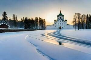 uma Igreja dentro a neve com uma estrada conduzindo para isto. gerado por IA foto