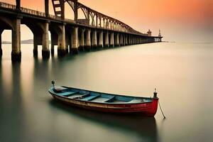 uma barco senta dentro a água perto uma ponte. gerado por IA foto