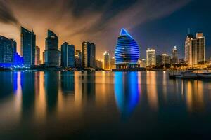 a cidade Horizonte às noite dentro dubai. gerado por IA foto