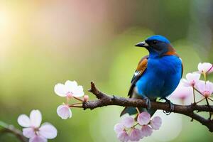 uma azul pássaro senta em uma ramo com Rosa flores gerado por IA foto