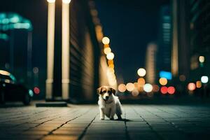 uma cachorro é em pé em uma rua às noite. gerado por IA foto