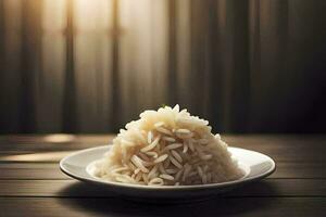 uma prato do arroz em uma de madeira mesa. gerado por IA foto