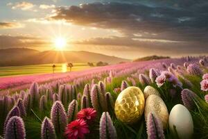 Páscoa ovos dentro uma campo do flores gerado por IA foto