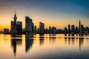a cidade Horizonte às pôr do sol dentro Xangai. gerado por IA foto