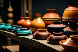 uma linha do colorida vasos em uma mesa. gerado por IA foto