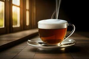 uma copo do chá com vapor em a janela. gerado por IA foto