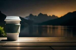café copo em de madeira mesa com montanhas dentro a fundo. gerado por IA foto