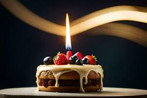 uma aniversário bolo com uma vela em topo. gerado por IA foto