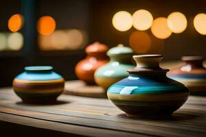 colorida vasos em uma de madeira mesa. gerado por IA foto