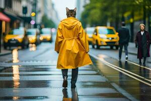uma pessoa dentro uma amarelo capa de chuva caminhando baixa uma cidade rua. gerado por IA foto