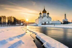 a Sol sobe sobre uma rio e uma Igreja dentro a neve. gerado por IA foto