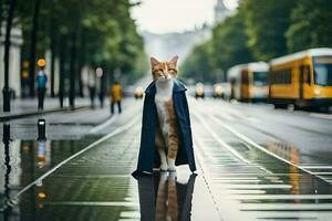 uma gato dentro uma casaco em pé em uma molhado rua. gerado por IA foto