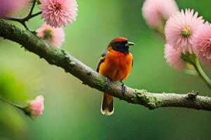 uma pássaro senta em uma ramo com Rosa flores gerado por IA foto