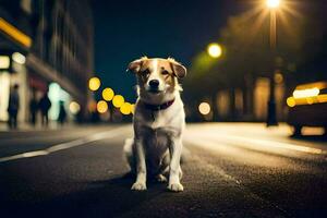 uma cachorro sentado em a rua às noite. gerado por IA foto