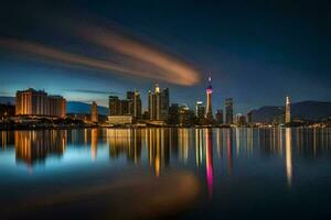 a cidade Horizonte às noite com uma reflexão dentro a água. gerado por IA foto