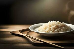 uma tigela do arroz com pauzinhos em uma de madeira mesa. gerado por IA foto