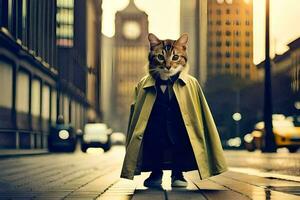 uma gato vestido Como uma Super heroi dentro uma trincheira casaco. gerado por IA foto