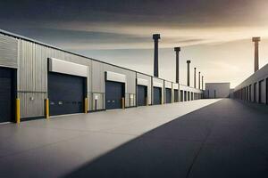 uma grandes linha do industrial edifícios com portas abrir. gerado por IA foto