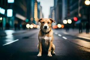 uma cachorro sentado em a rua dentro a meio do uma cidade. gerado por IA foto