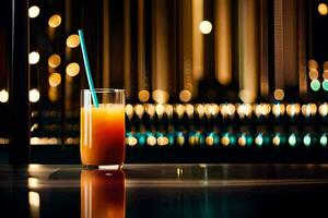 uma vidro do laranja suco com uma azul Palha sentado em uma mesa. gerado por IA foto